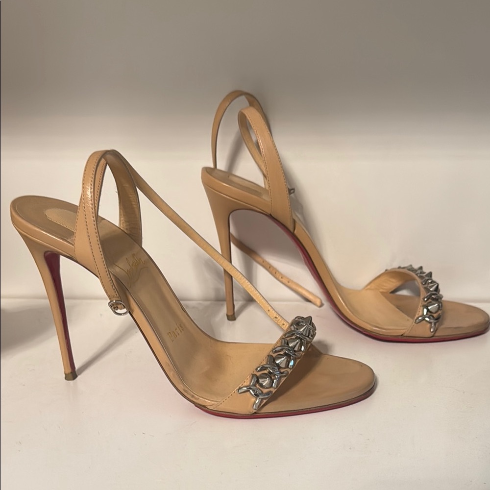 Christian Louboutin Tan Heels with Silver Embellishments Nappa spike Loubigirl